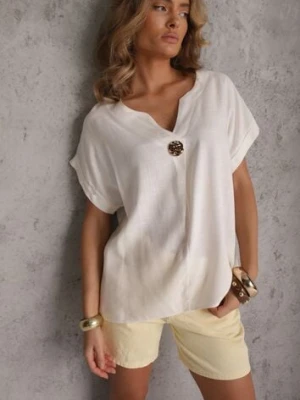 Biała Bluzka z Lnem i Wiskozą o Nietoperzowym Kroju z Krótkim Rękawem Herira rosita