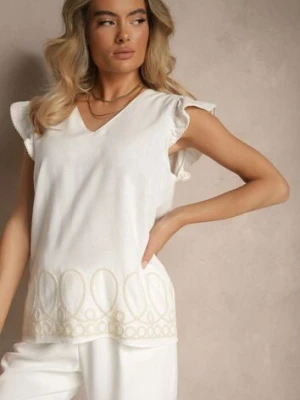 Biała Bluzka z Lnem i Wiskozą z Ozdobnymi Falbanami i Haftem Kalirna melya by melody