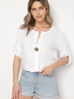 Biała Bluzka z Lnem o Kroju Oversize Zdobiona Metaliczną Aplikacją Soffie melya by melody