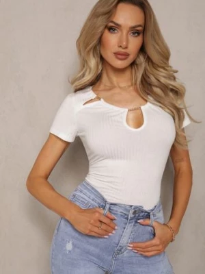 Biała Bluzka z Prążkowanej Bawełny z Łańcuszkiem i Głębokim Dekoltem Senarifa las garras