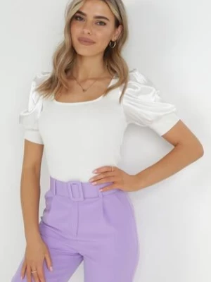 Biała Bluzka z Prążkowanej Dzianiny z Bufiastymi Rękawami Maffa