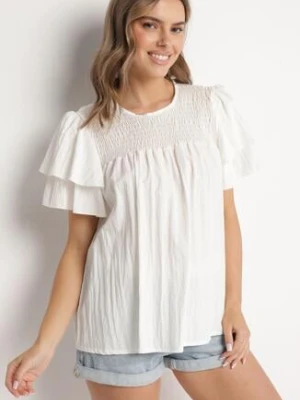 Biała Bluzka z Wiskozą o Trapezowym kroju z Falbankami i Elastyczną Wstawką Dorlimi new collection