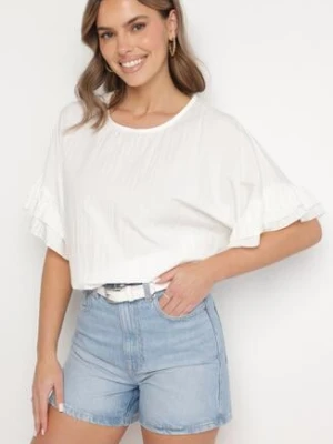 Biała Bluzka z Wiskozą Typu Nietoperz z Falbankami Davienna new collection