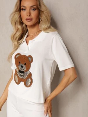 Biała Bluzka z Wiskozy Ozdobiona Cekinami z Nadrukiem Misia Tivenna elsa.m by may