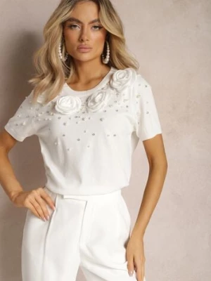 Biała Bluzka z Wiskozy Ozdobiona Kwiatami Perłami i Cyrkoniami Ullsinia elsa.m by may