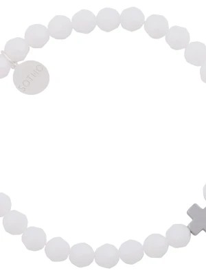 Biała bransoletka kryształy SWAROVSKI® ELEMENTS ze srebrnym krzyżem z hematytu SOTHO