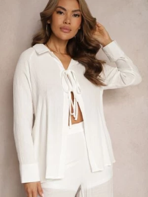 Biała Casualowa Bluzka z Bawełny Wykończona Wiązaniem i Kołnierzykiem Cyrilla rosa