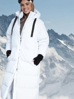 Biała Długa Kurtka Pikowana Płaszcz na Zamek z Kapturem Lesea j.style