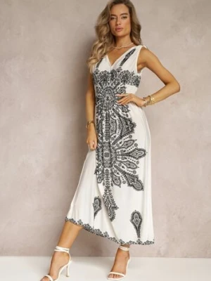 Biała Długa Sukienka z Wzorem Boho Sznurkami na Ramionach i Gumką w Pasie Hideni j&x