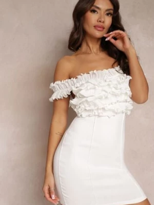 Biała Dopasowana Sukienka na Ramiączkach z Falbanką Hemomay lovery