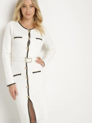 Biała Dzianinowa Sukienka z Wiskozą Zdobiona Metalicznymi Wstawkami i Paskiem Caledi elsa.m by may