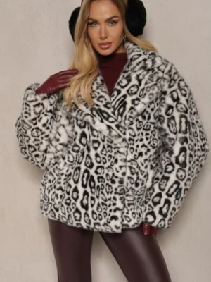 Biała Futrzana Kurtka w Panterkowy Print z Kieszeniami Delinnea ann gissy