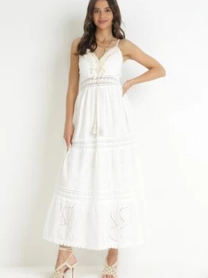 Biała Haftowana Sukienka Maxi na Ramiączkach z Muszelkami przy Dekolcie Sonendal