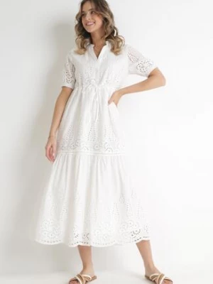 Biała Haftowana Sukienka Maxi ze Ściągaczem w Talii Erlina