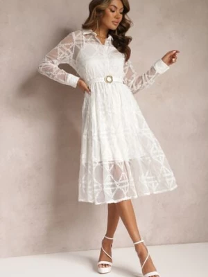 Biała Haftowana Sukienka Midi z Paskiem Binaela elsa.m by may