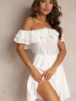 Biała Haftowana Sukienka Mini z Hiszpańskim Dekoltem i Gumką w Talii Nissi lovery