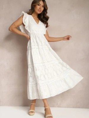 Biała Haftowana Sukienka z Bawełny z Rozkloszowanym Dołem z Koronką i Falbankami Xirina