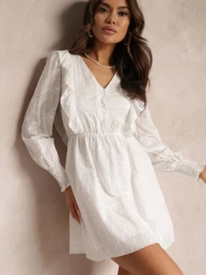 Biała Haftowana Sukienka z Gumką w Pasie i Falbankami Caceida retro & icone