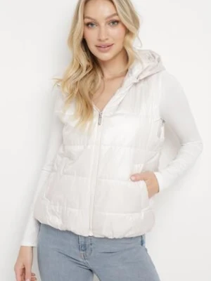 Biała Kamizelka z Odpinanym Kapturem i Kieszeniami Pikowana Aggevia swest