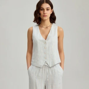 Biała kamizelka z tkaniny z domieszką lnu w paski House