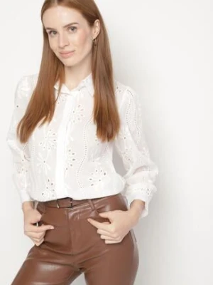 Biała Klasyczna Koszula z Haftowanej Tkaniny Zapinana na Guziki i Regulowanym Rękawem Cavonella h&s