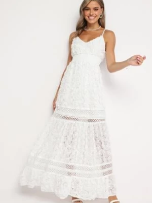 Biała Koktajlowa Kwiatowa Sukienka na Ramiączkach z Regulacją i Gumką w Talii Navinae lovery