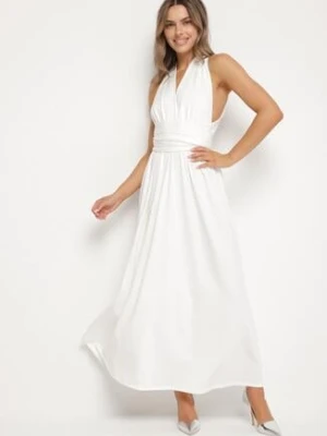 Biała Koktajlowa Sukienka Multiway z Wiskozą i Wiązaniem na Szyi Lilazza by swan