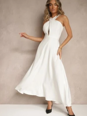 Biała Koktajlowa Sukienka z Wiskozą i Dekoltem Halter Dolmanna ann gissy