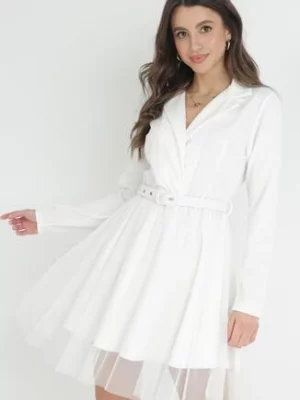 Biała Kopertowa Sukienka Mini z Paskiem i Tiulem na Dole Anaida