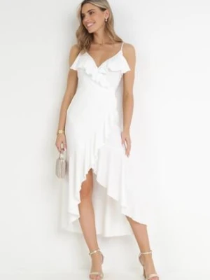 Biała Kopertowa Sukienka na Ramiączkach Zdobiona Falbanami Adathe by swan