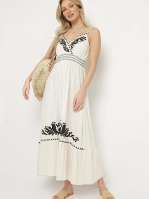 Biała Kopertowa Sukienka z Lnem Wiskozą i Haftem Miliova belcci