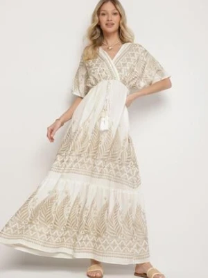 Biała Kopertowa Sukienka z Wiskozy Ozdobiona Frędzlami Redare rosa