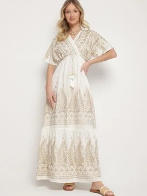 Biała Kopertowa Sukienka z Wiskozy Zdobiona Frędzlami i Metalicznym Haftem Redeirae rosa