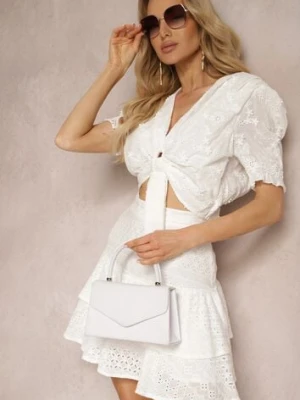 Biała Koronkowa Bluzka z Bawełny z Trójkątnym Dekoltem i Ozdobnym Wiązaniem Kamlla bisou's project