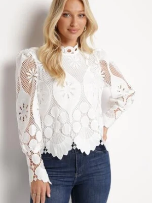 Biała Koronkowa Bluzka ze Stójką z Bufiastymi Rękawami w Stylu Retro Seonie j&x
