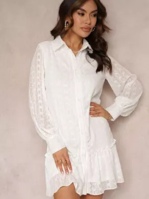 Biała Koronkowa Sukienka Koszulowa z Falbanką Saniah