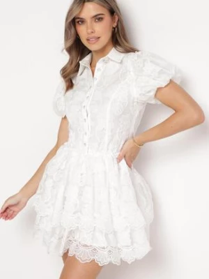 Biała Koronkowa Sukienka Mini w Kwiaty z Bufiastymi Rękawami Cervi