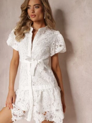 Biała Koronkowa Sukienka Mini z Falbankami i Materiałowym Paskiem Mivan bisou's project
