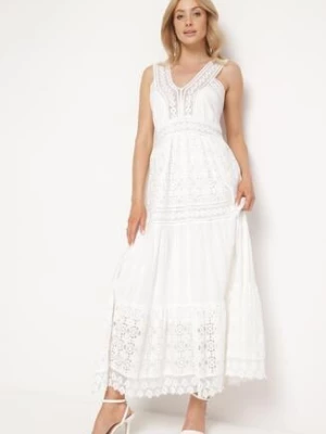 Biała Koronkowa Sukienka na Szerokich Ramiączkach z Falbanką Disella