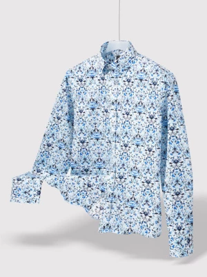 Biała koszula męska w niebieski roślinny wzór Pako Lorente
