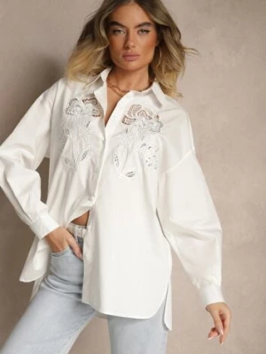 Biała Koszula Oversize z Bawełny z Ażurowymi Zdobieniami z Motywem Kwiatowym Voesia bisou's project