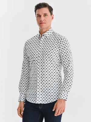 Biała koszula w niebieski wzór geometryczny Pako Lorente