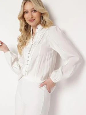 Biała Koszula w Stylu Retro ze Stójką i Koronkowymi Lamówkami Holora bisou's project