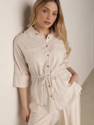 Biała Koszula z Bawełną i Lnem Ozdobiona Wycięciami i Ściągana w Pasie Harwinds m&d fashion