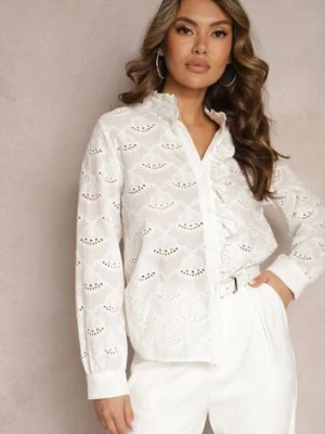 Biała Koszula z Bawełny ze Stójką Haftem i Ażurowymi Wstawkami Mylina rosa