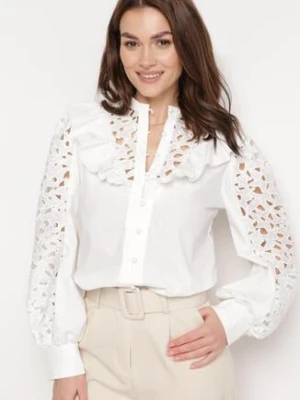 Biała Koszula z Falbanką i Ażurowymi Rękawami Phaelin elsa.m by may