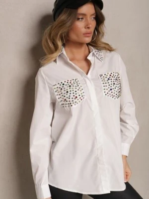 Biała Koszula z Kołnierzykiem i Kieszeniami Ozdobionymi Cyrkoniami Leridna elsa.m by may