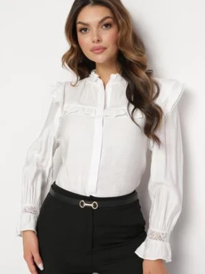 Biała Koszula z Ozdobnymi Rękawami i Marszczeniem przy Dekolcie Nia bisou's project
