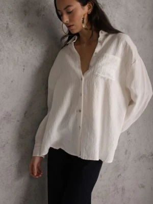 Biała Koszula z Wiskozy z Domieszką Lnu ze Strukturalnego Materiału Sewrita