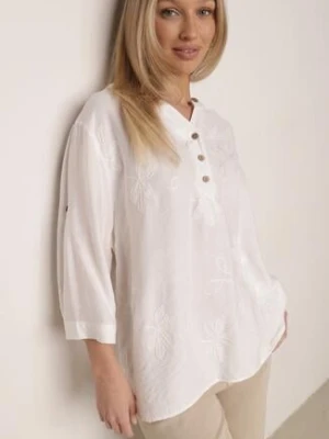 Biała Koszula z Wiskozy z Haftowanymi Kwiatami Sylimeine j&x